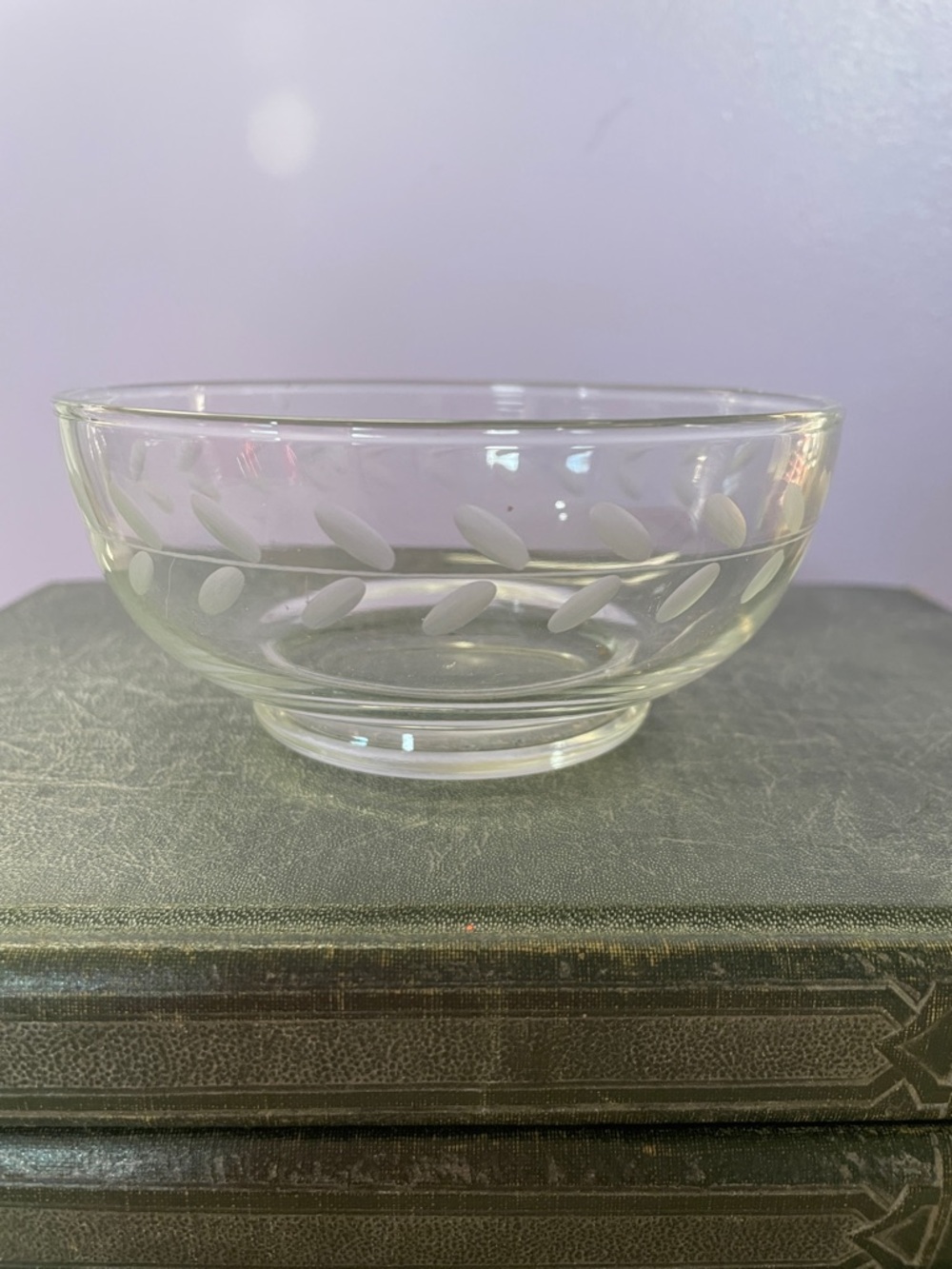 Clear Etched Glass dessert Bowl with Leaf Motif anchor hocking vintage